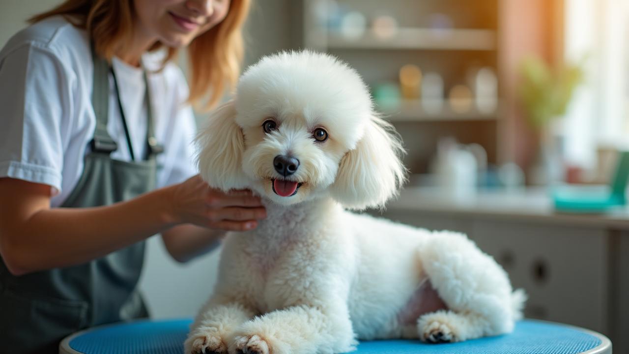 Professional groomer caring for white poodle during grooming session in Lincoln
